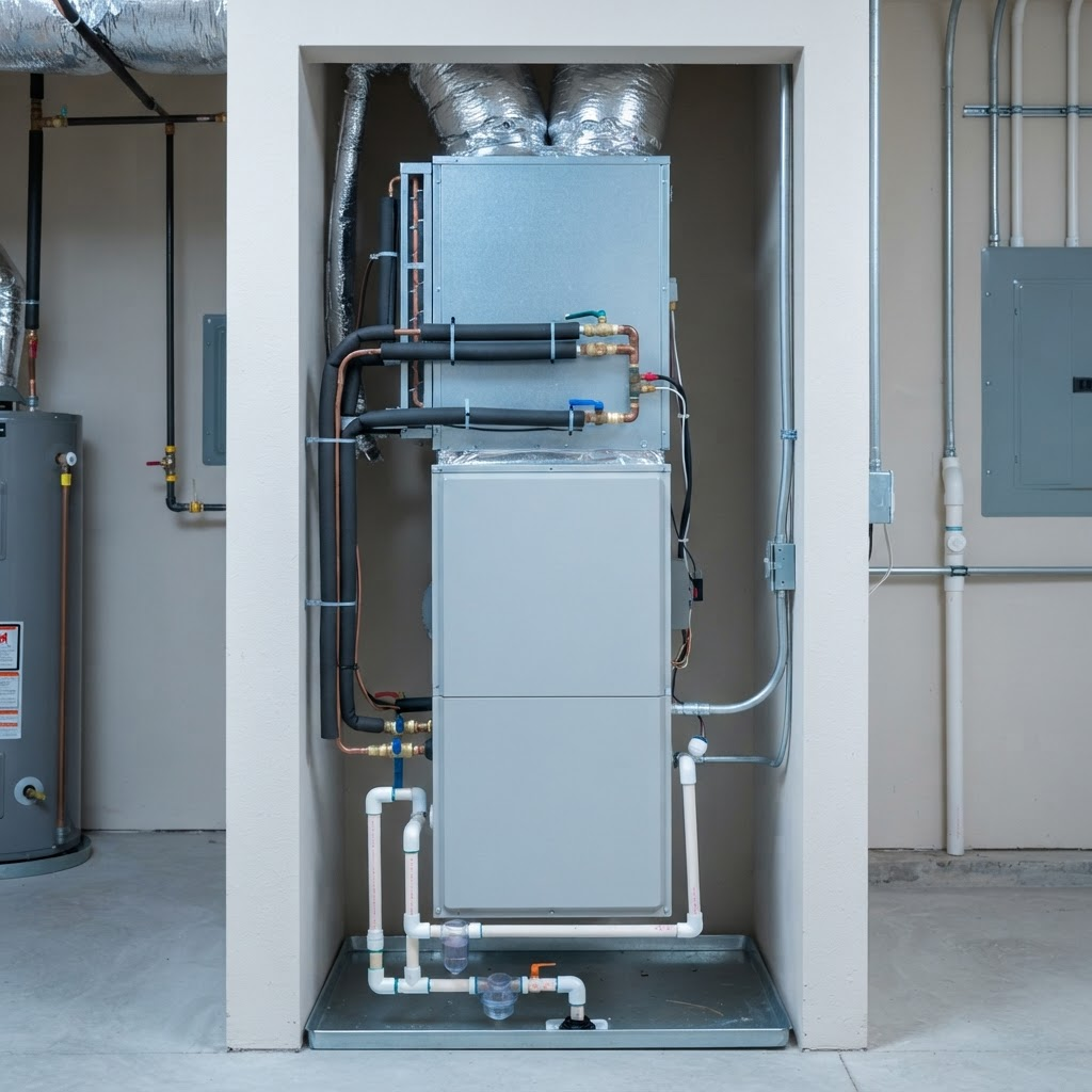 A clean indoor HVAC air handler and evaporator coil unit