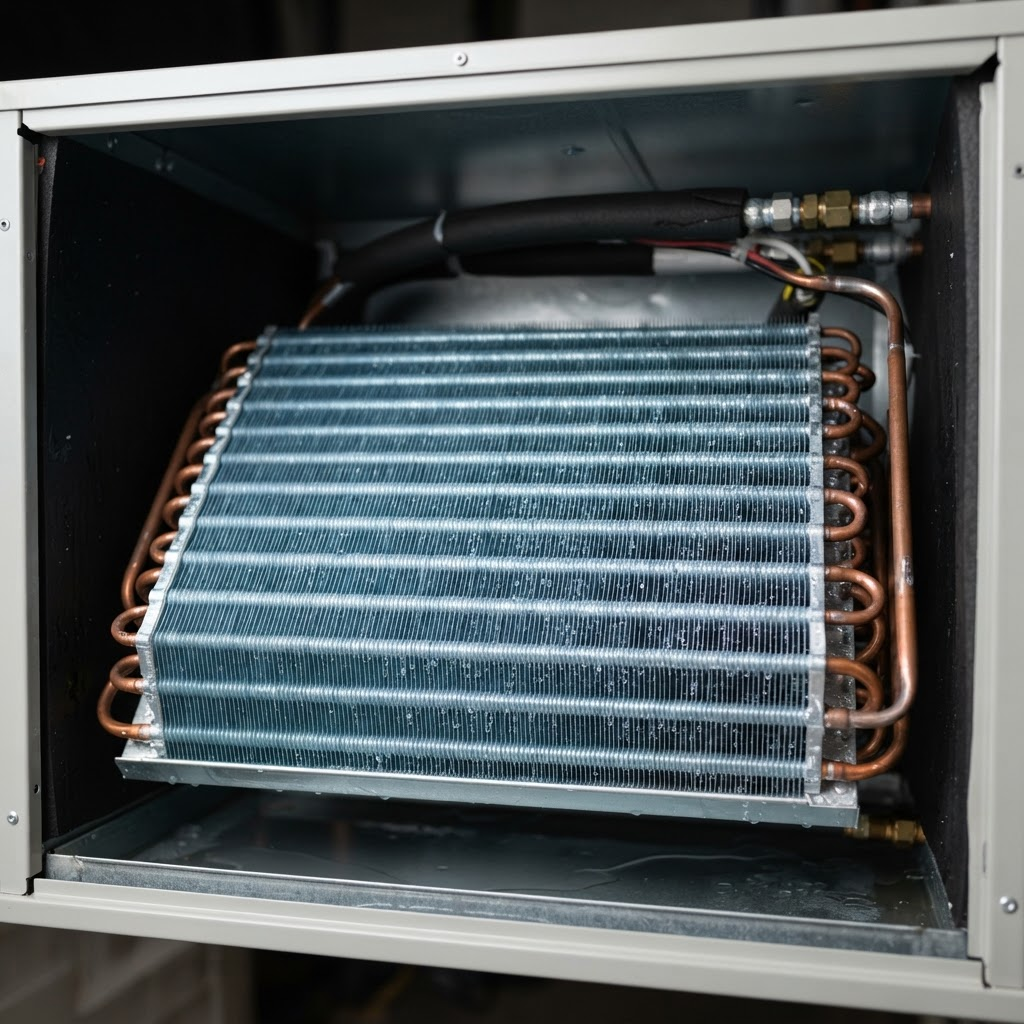 A clean, well-maintained HVAC evaporator coil inside an air handler unit