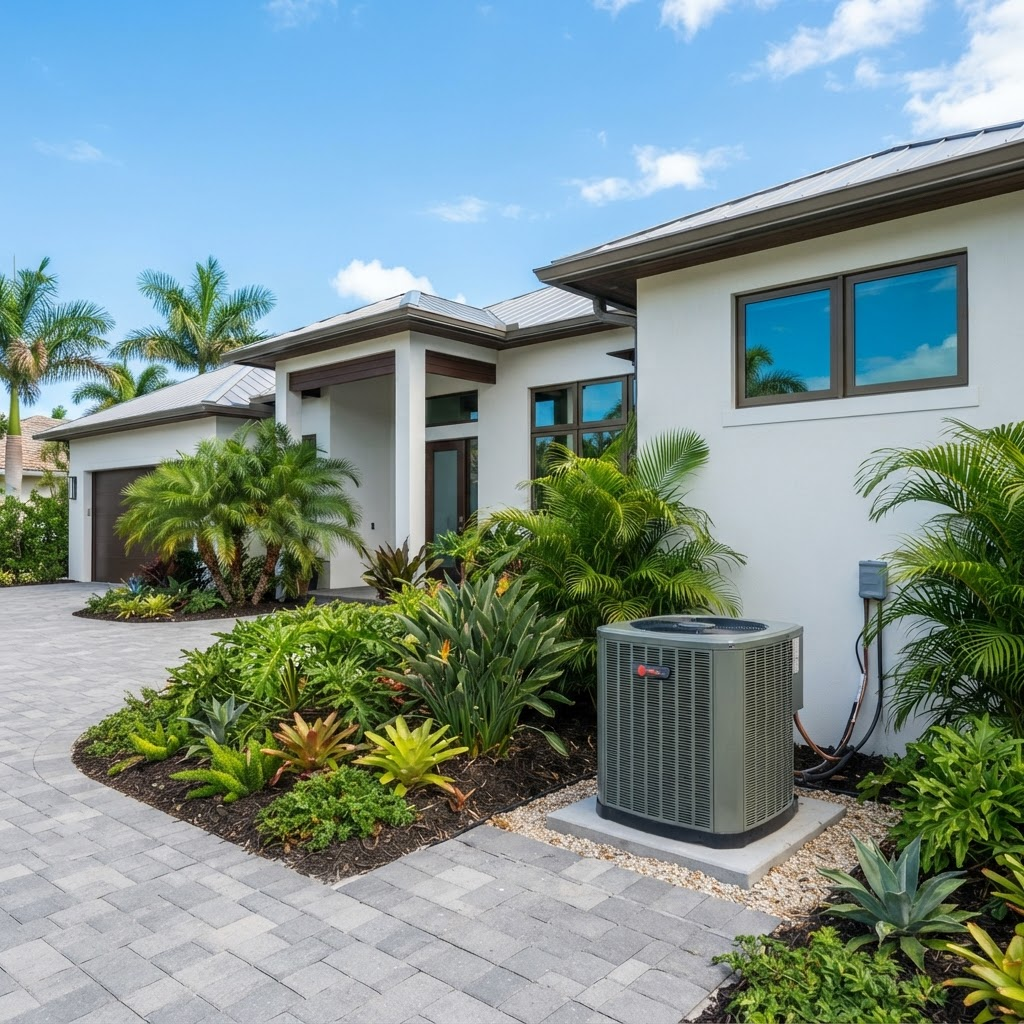 A well-maintained outdoor air conditioning condenser unit beside a Florida home
