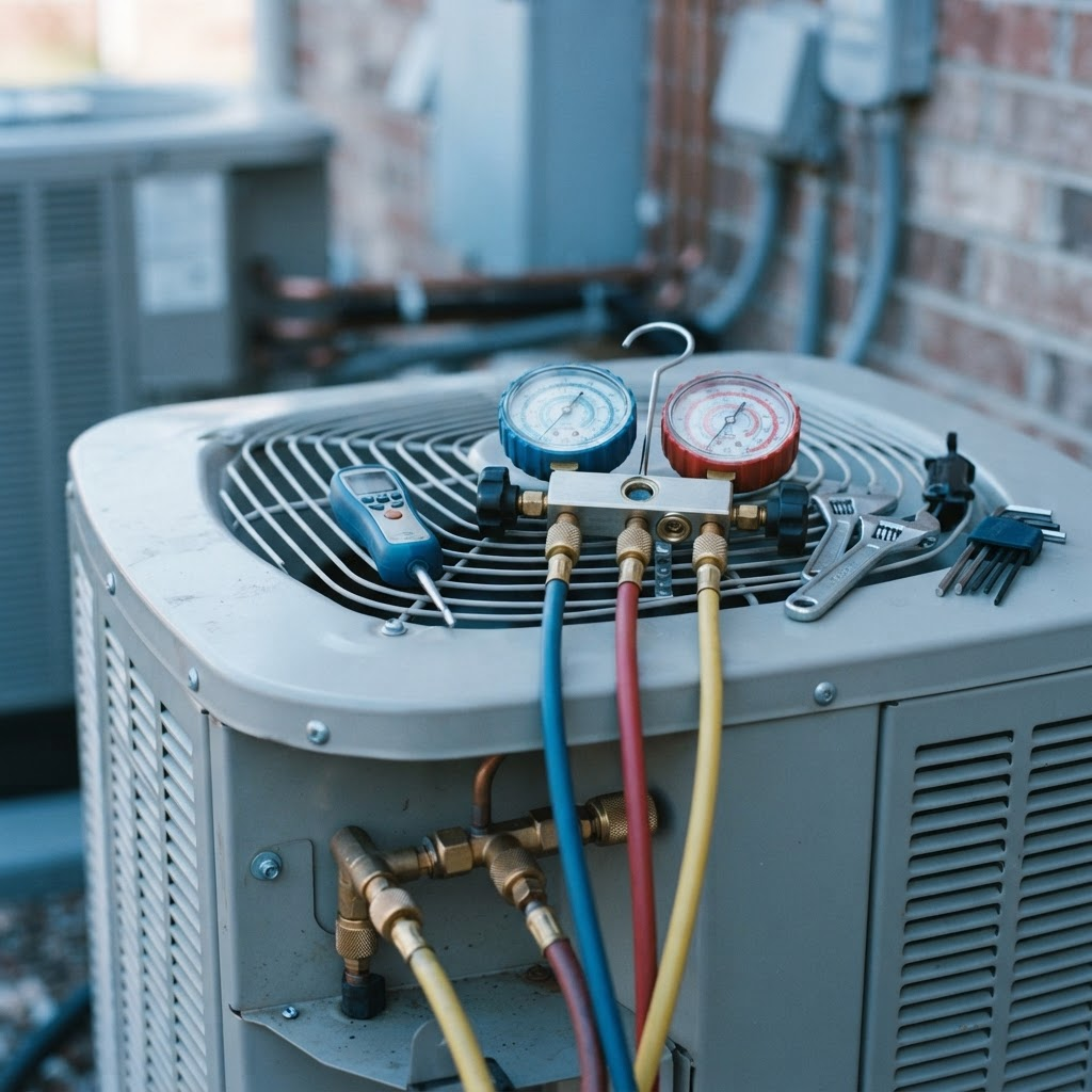HVAC service gauges and tools on an air conditioning unit